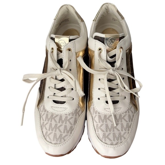 Michael Kors Shoes - Michael Kors Maddy Mixed Media Sneakers Vanilla‎ Gold Logo Monogram 7.5M NWOB